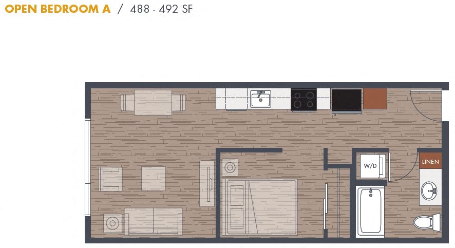 Floor plan for 1 bed, 1 bath, 492 sqft